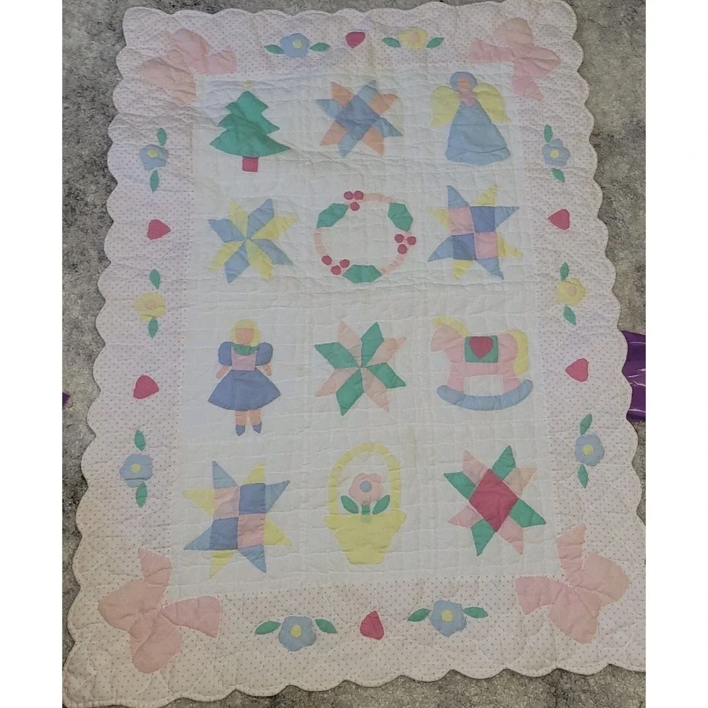 Vtg Handmade Amish Baby Quilt Blanket Irish Chain 8 Point Star Flower Basket
